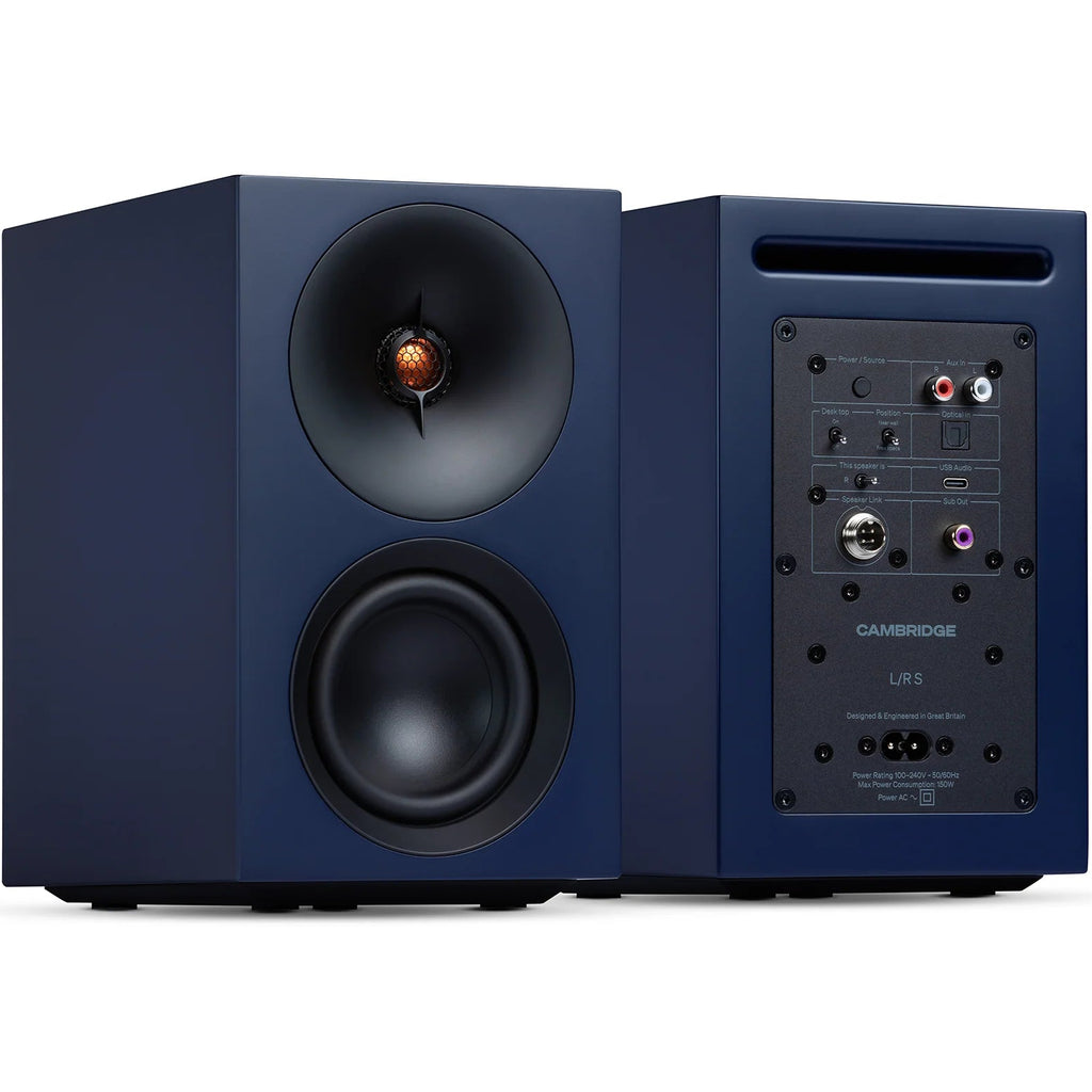 Cambridge Audio L/R S active bookshelf speakers, blue, front view