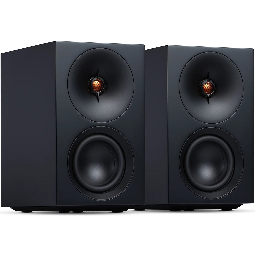 Cambridge Audio L/R S active bookshelf speakers, black, front view