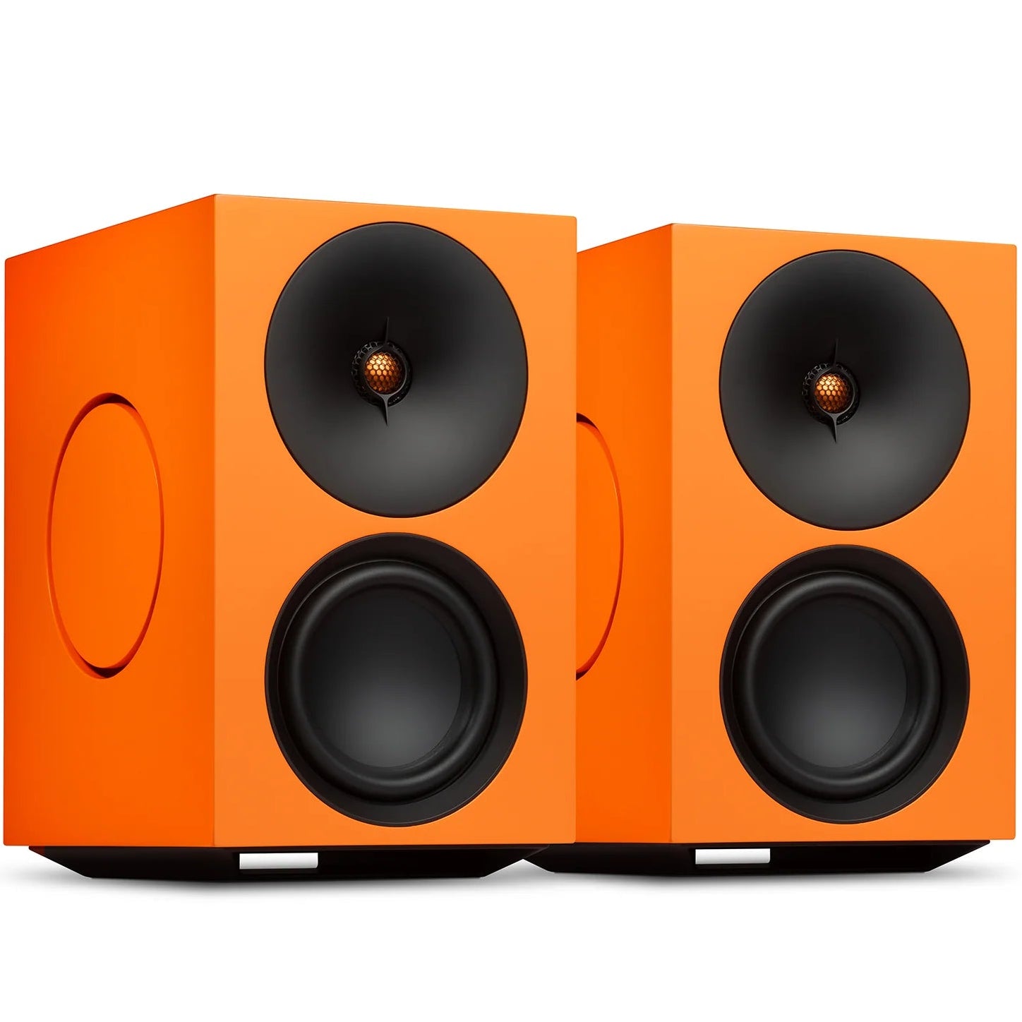 Cambridge Audio L/R X active bookshelf speakers, orange, front view