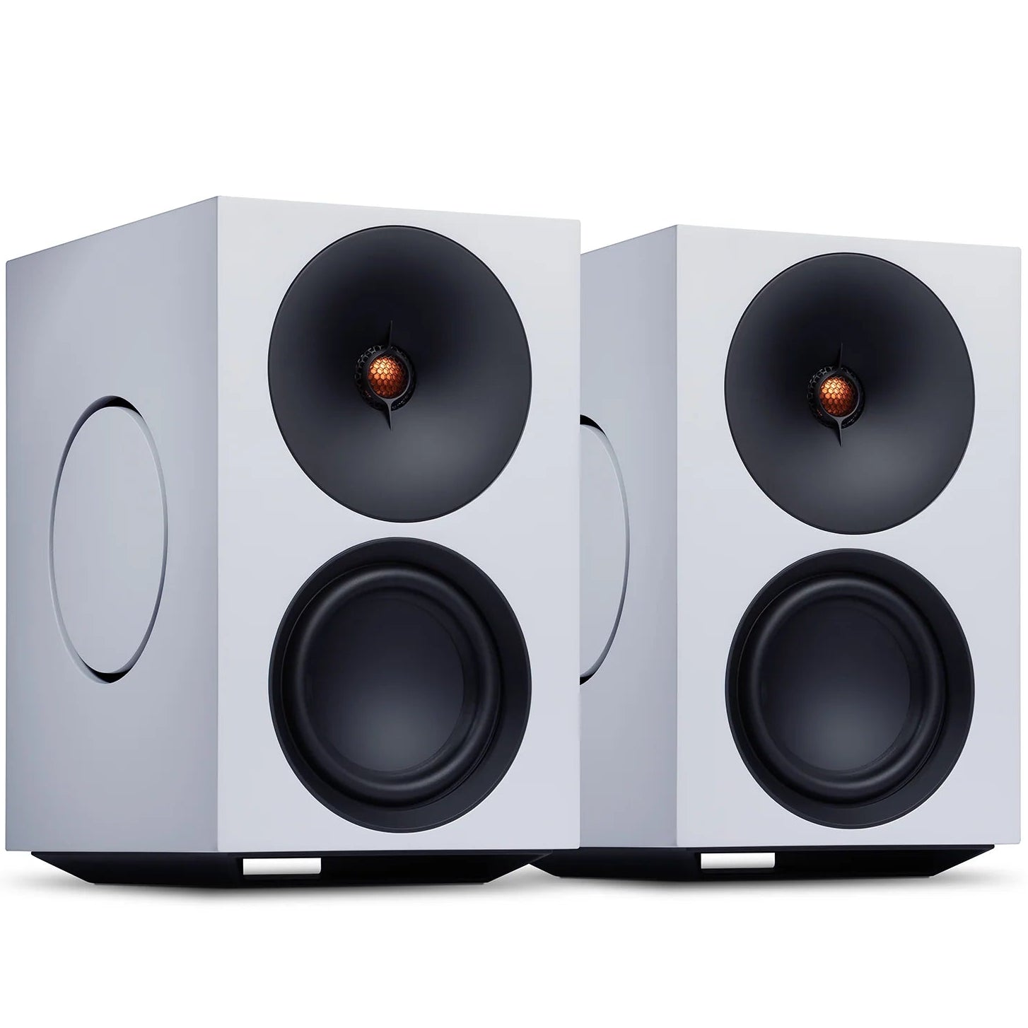 Cambridge Audio L/R X active bookshelf speakers, white, front view