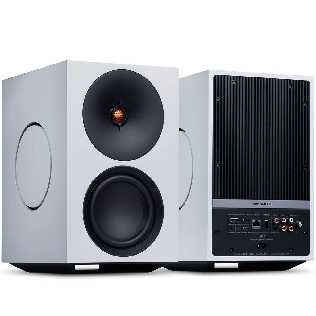 Cambridge Audio L/R X active bookshelf speakers, white, front view