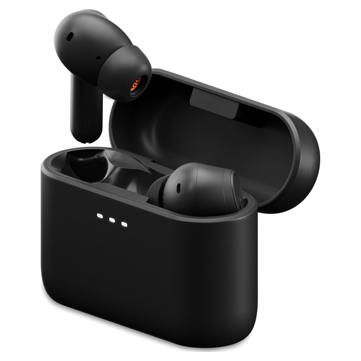 Cambridge Audio Melomania A100 SE earbuds in open charging case, Black