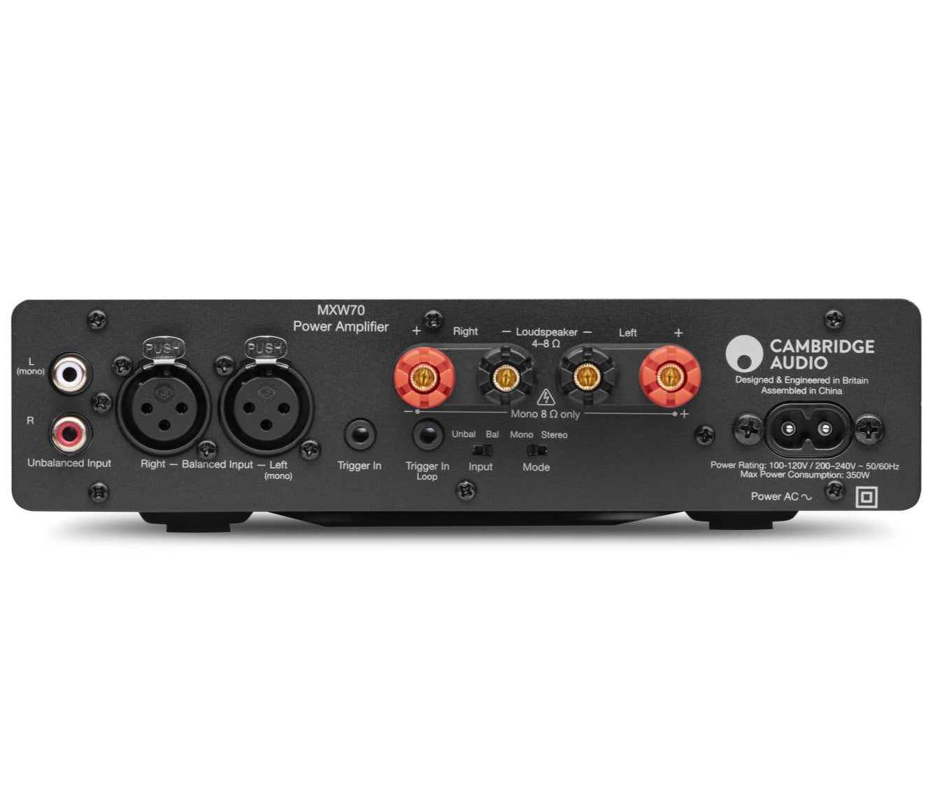 Cambridge Audio MXW70 stereo amplifier, lunar grey, back view