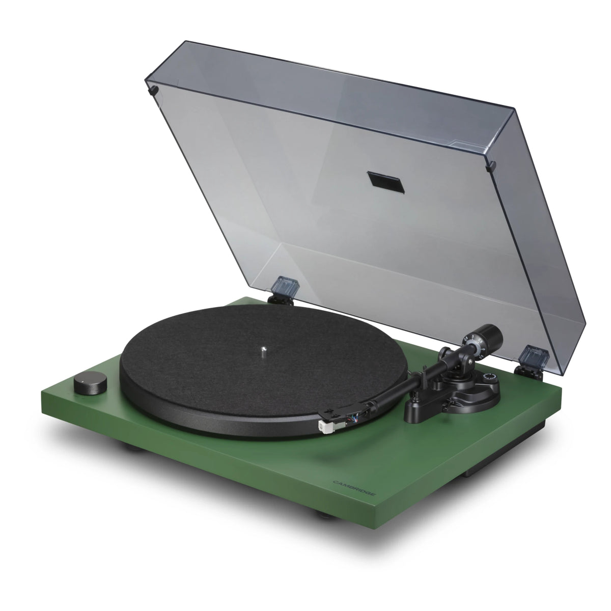 Cambridge Audio Spira turntable in Green, front three-quarter view with dust cover open