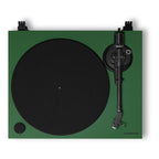 Cambridge Audio Spira turntable in Green, top-down view of platter and tonearm
