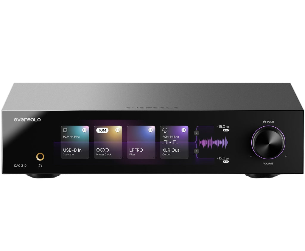 Eversolo DAC-Z10 headphone amplifier and DAC device with sleek black design and multiple input ports visible in the image.