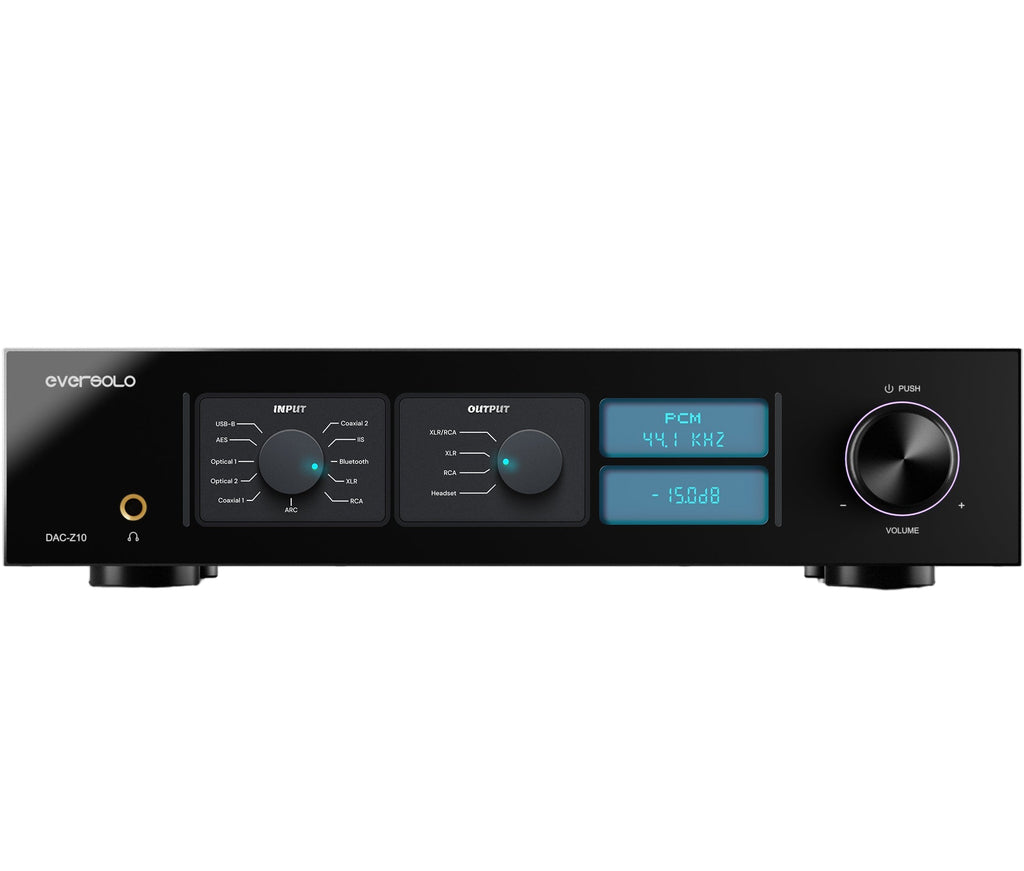 Eversolo DAC-Z10 headphone amplifier and DAC device with sleek design and multiple input ports for high-quality audio.