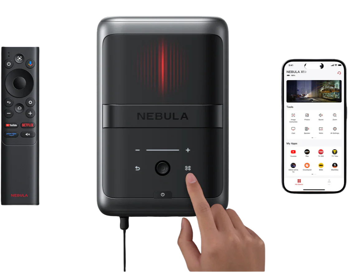 Nebula X1 projector displaying a vibrant home theater scene with bright colors and clear image projection.