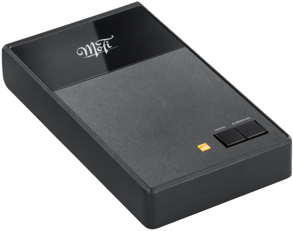 MoFi Electronics StudioPhono phono preamp with controls and input/output connections, designed for high-quality vinyl playback.