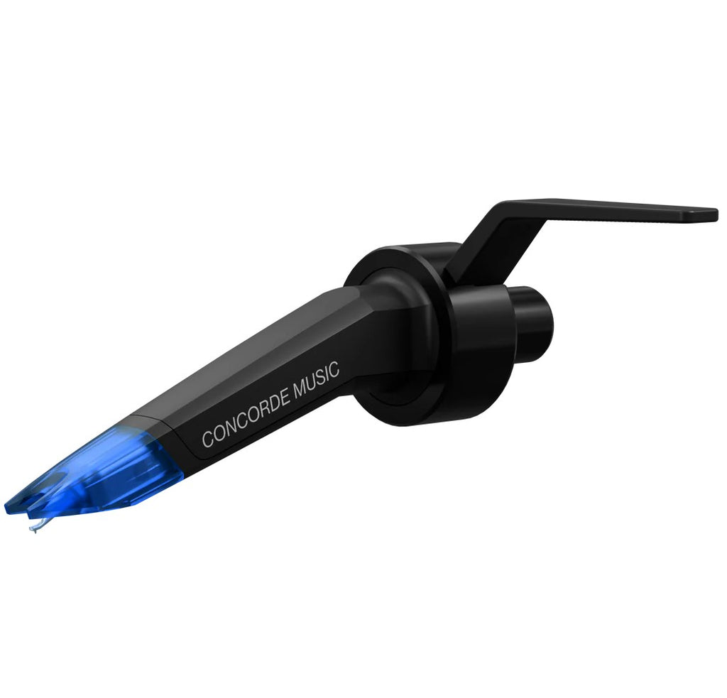 Ortofon Concorde Music Blue turntable cartridge shown from the left side, highlighting its sleek design and blue color.