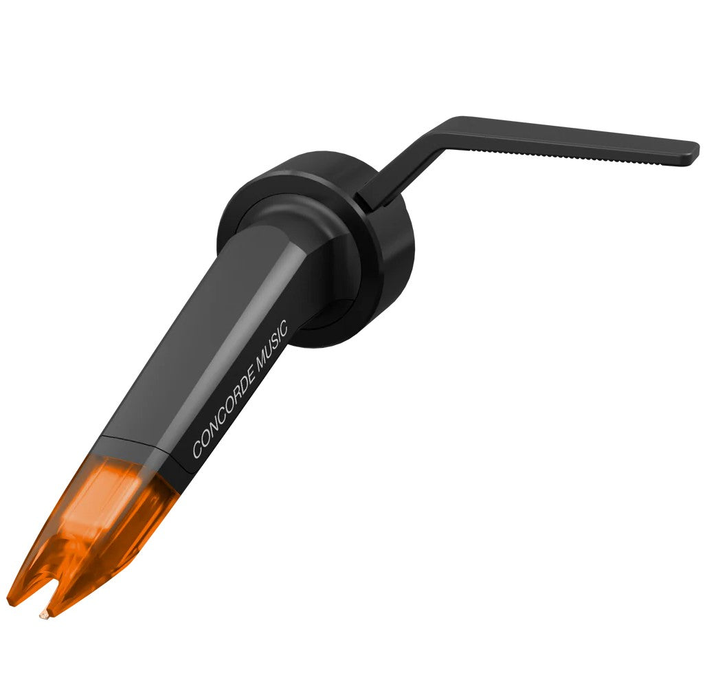 Ortofon Concorde Music Bronze turntable cartridge with a bronze stylus, shown from a left tilt angle on a turntable setup.