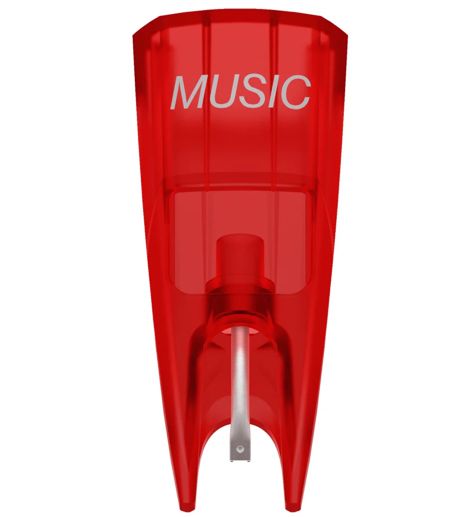 Ortofon Concorde Music Red turntable stylus with red cartridge and needle, viewed from below showing detailed design.