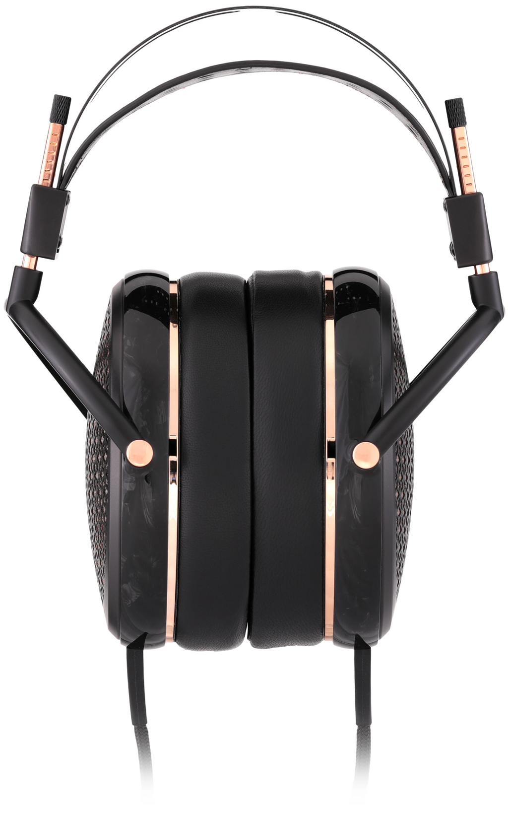 Audeze CRBN2 wired headphones with sleek black design, over-ear style, and cushioned ear cups, shown from the front.