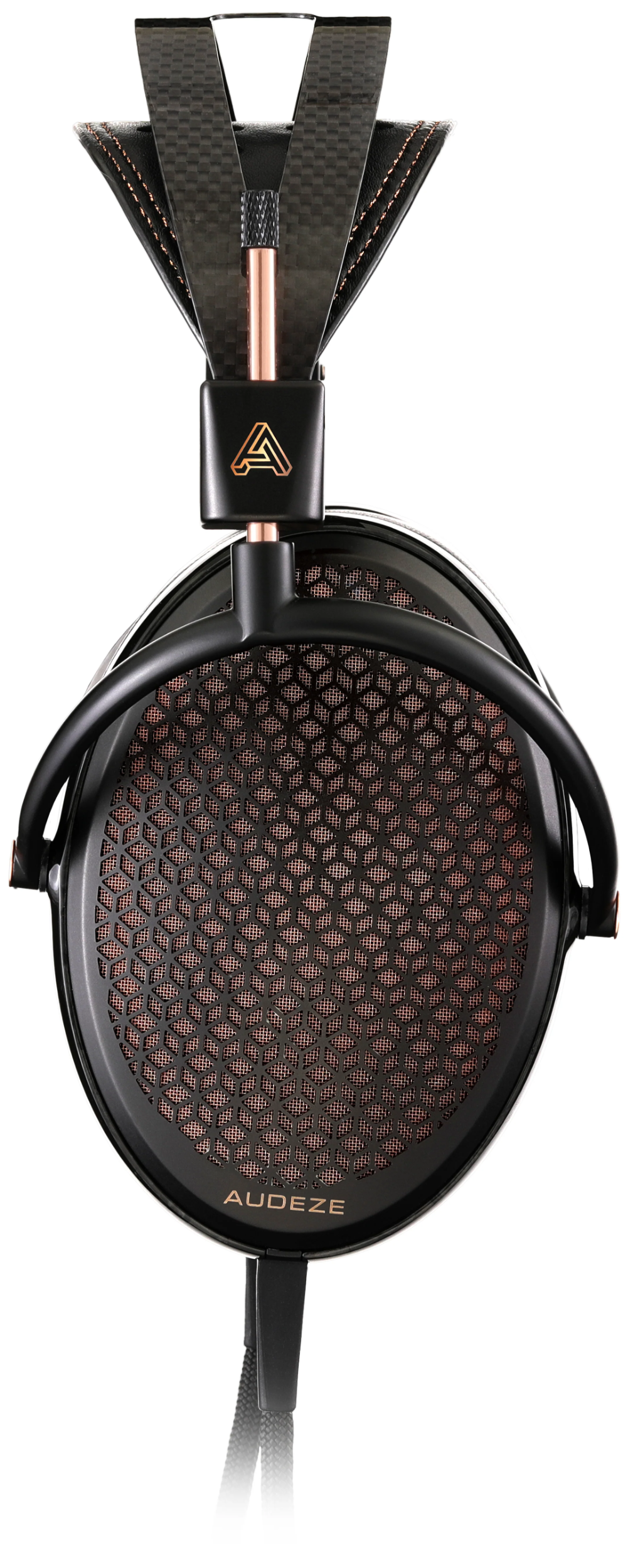 Audeze CRBN2 wired headphones featuring sleek design with ear cups and headband, shown from a side view.