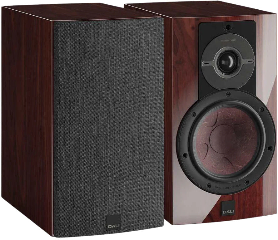 DALI Dali Rubikore 2 passive bookshelf speakers showing wooden cabinets and speaker drivers.