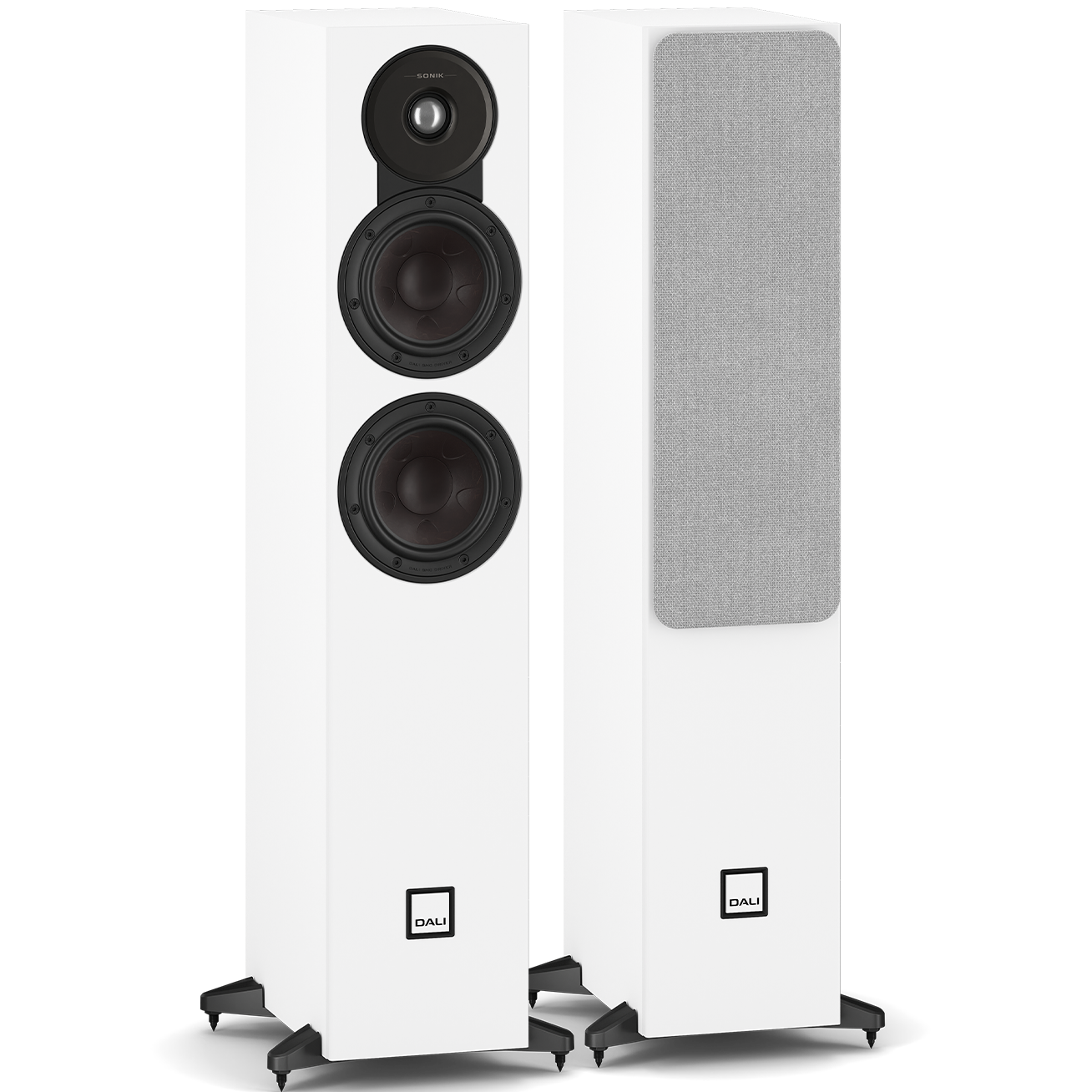 DALI Sonik 5 passive floorstanding speakers shown with sleek black cabinets and modern design for high-quality audio.