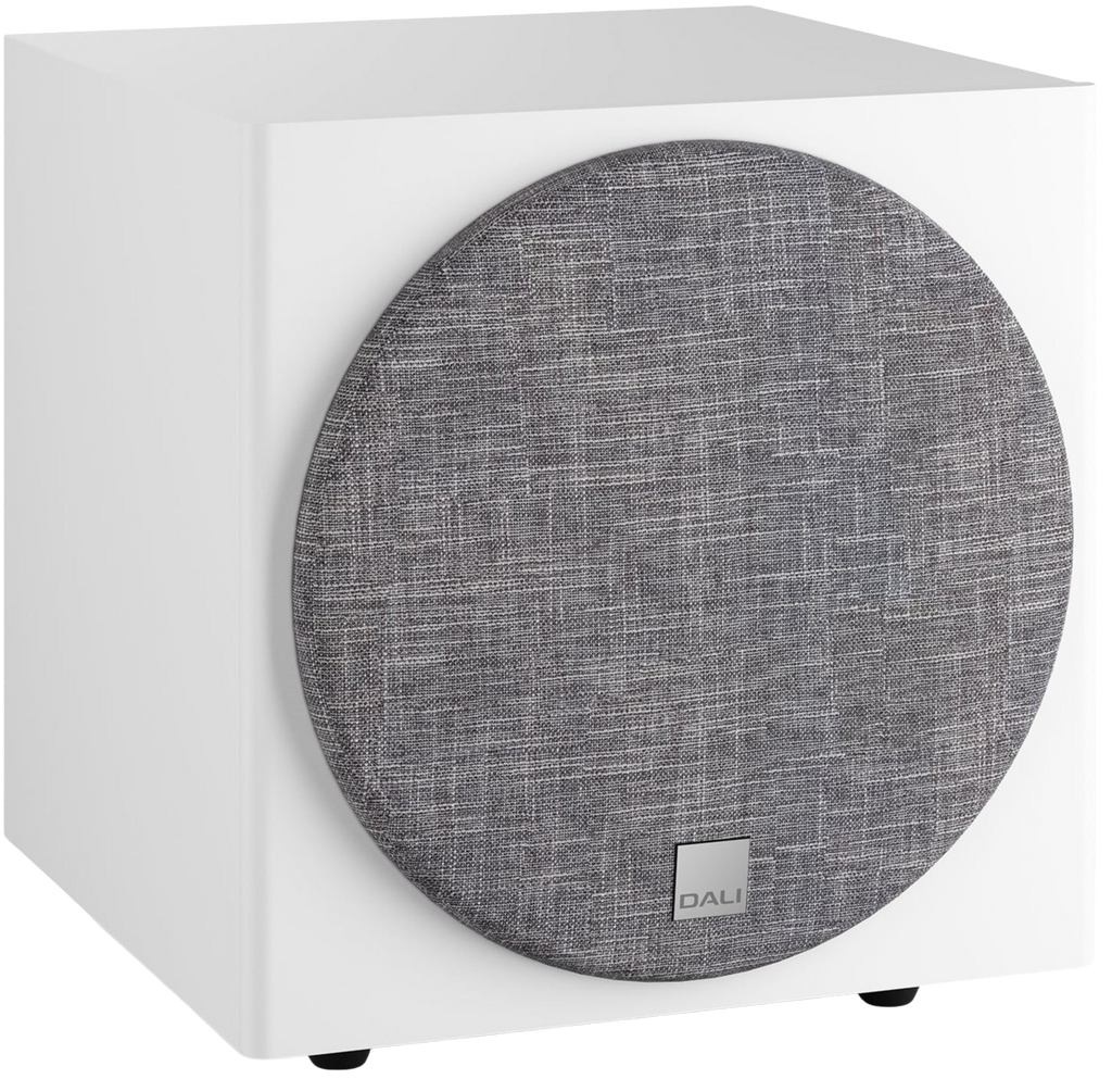 DALI Dali Sub E-9 F subwoofer showing black enclosure and driver cone for deep bass sound reproduction