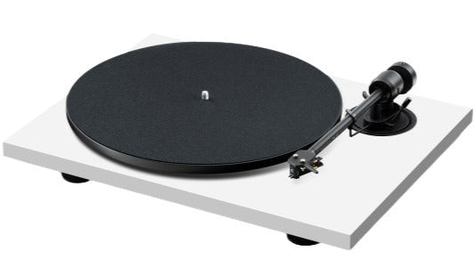 Pro-Ject E1.2 turntable with sleek design, wooden plinth, and tonearm for high-quality vinyl playback.