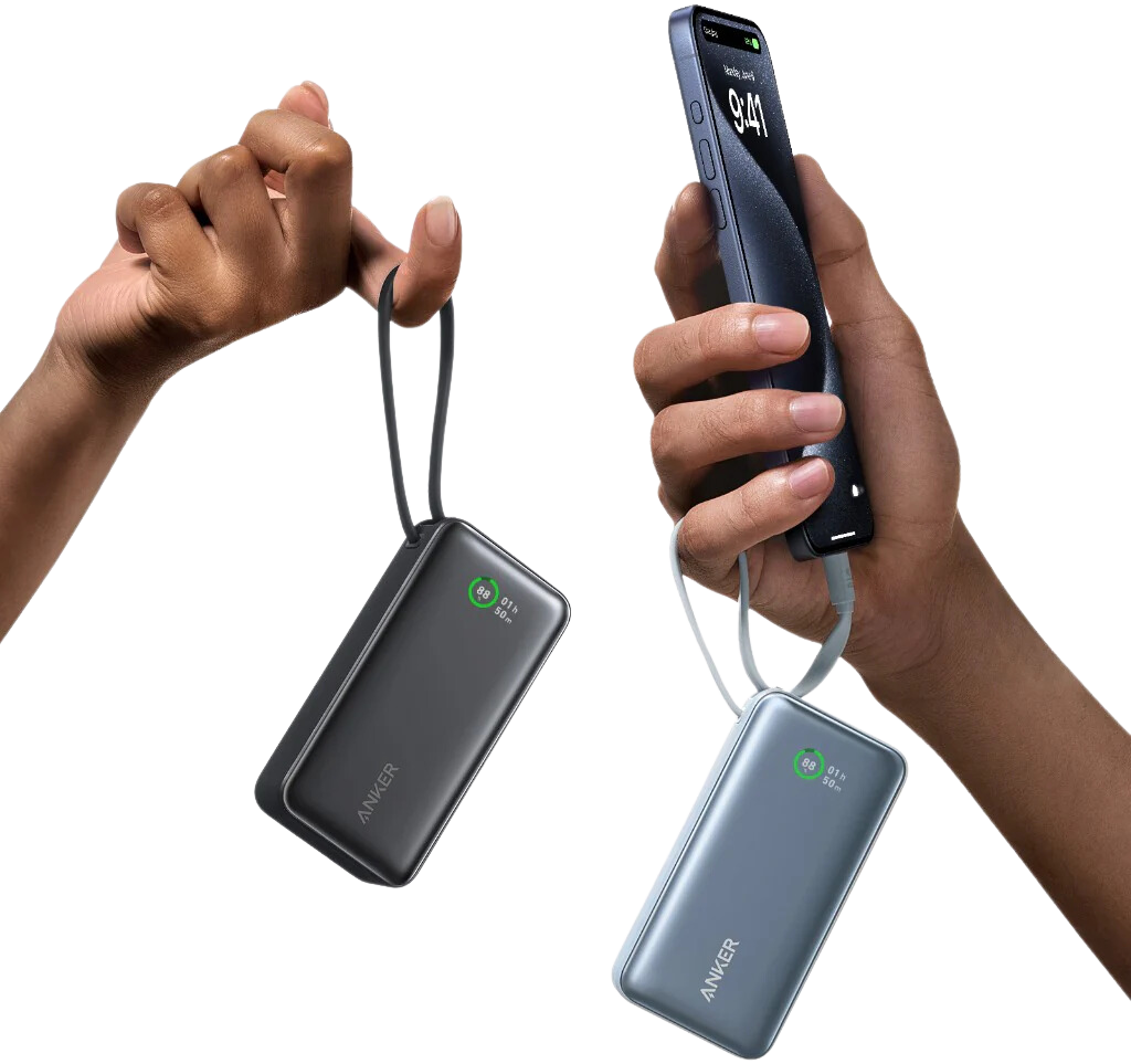 Anker Nano 10K power bank with built-in USB-C cable, compact portable charger for smartphones and devices.