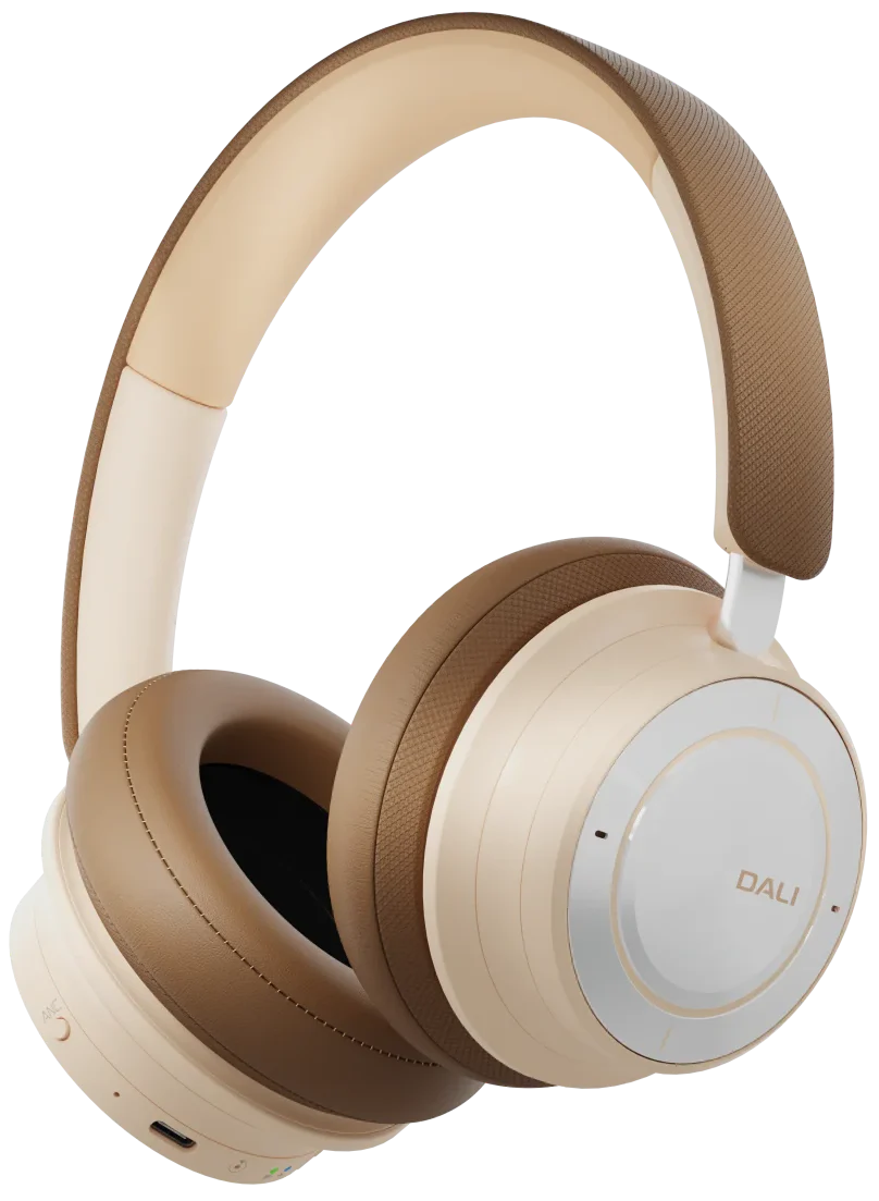 DALI Dali iO-8 wireless headphones in caramel white with padded ear cups and sleek design.