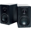 DALI Kupid passive bookshelf speakers shown with sleek black cabinets and compact design for high-quality audio performance.