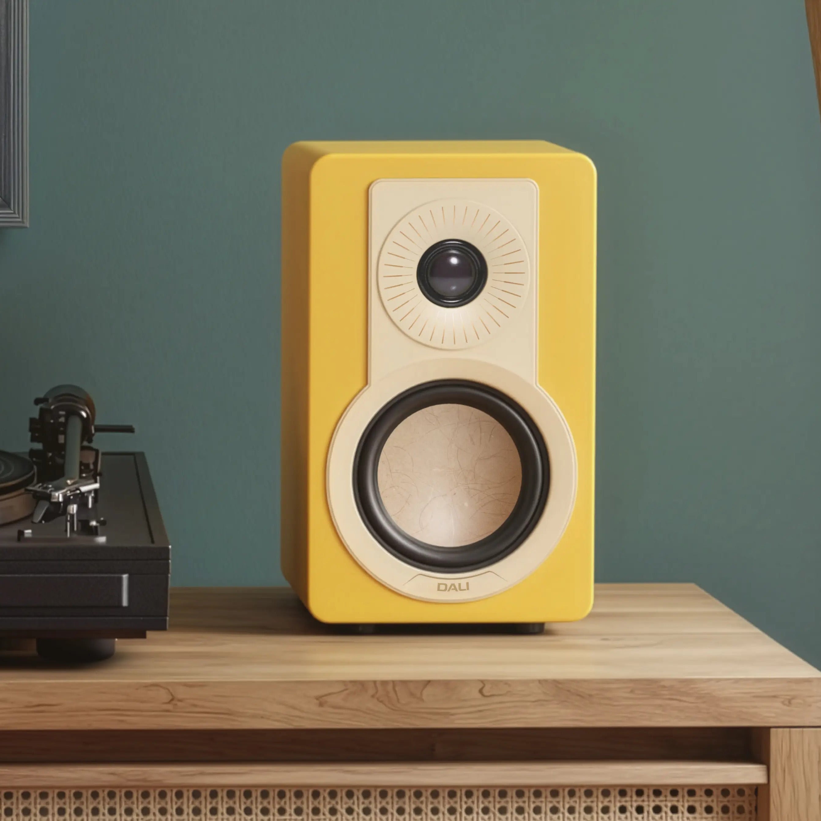 DALI Kupid passive bookshelf speakers in vibrant yellow with sleek design and compact build for high-quality stereo sound.