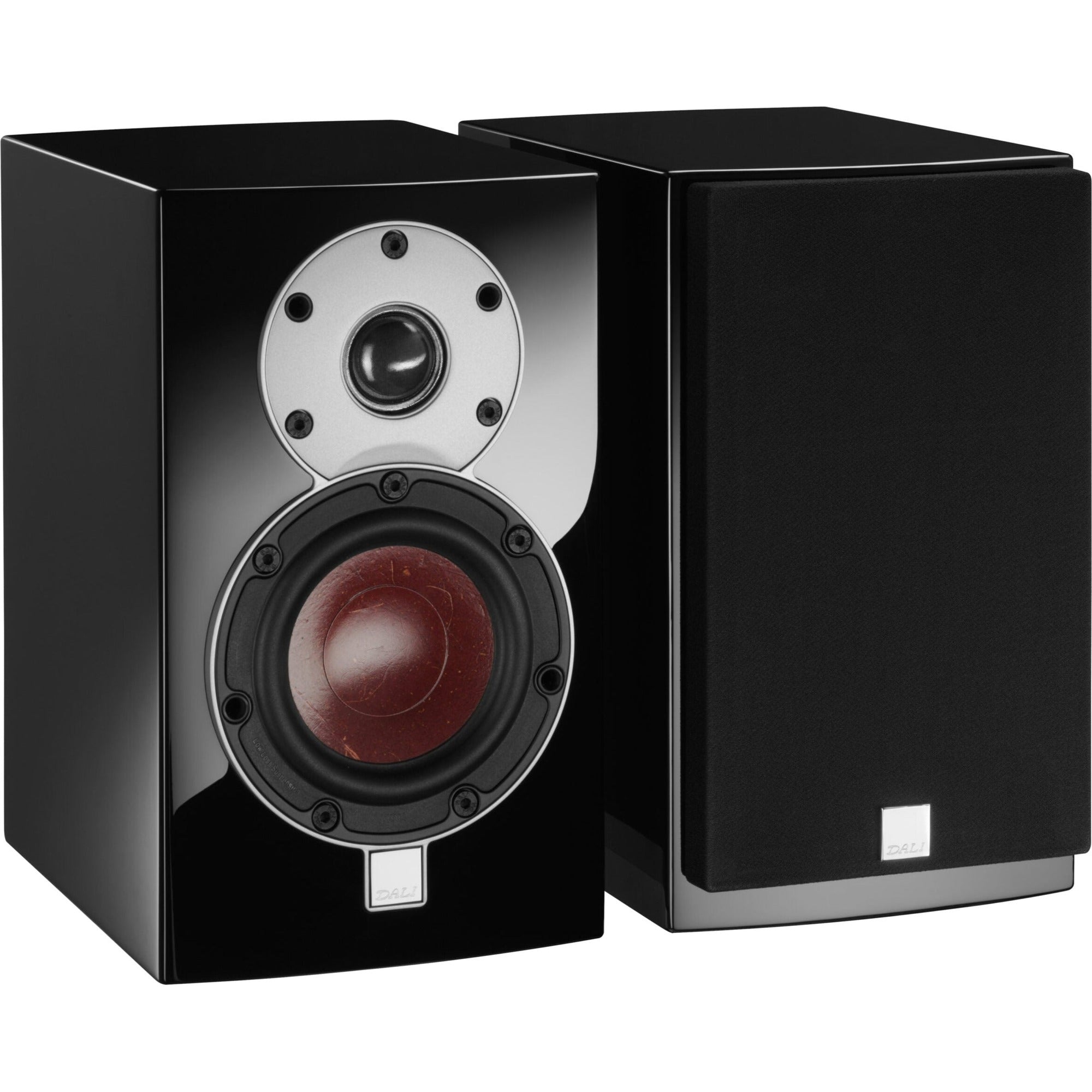 DALI Menuet passive bookshelf speakers shown from the front, featuring a sleek black design and compact size for home audio.