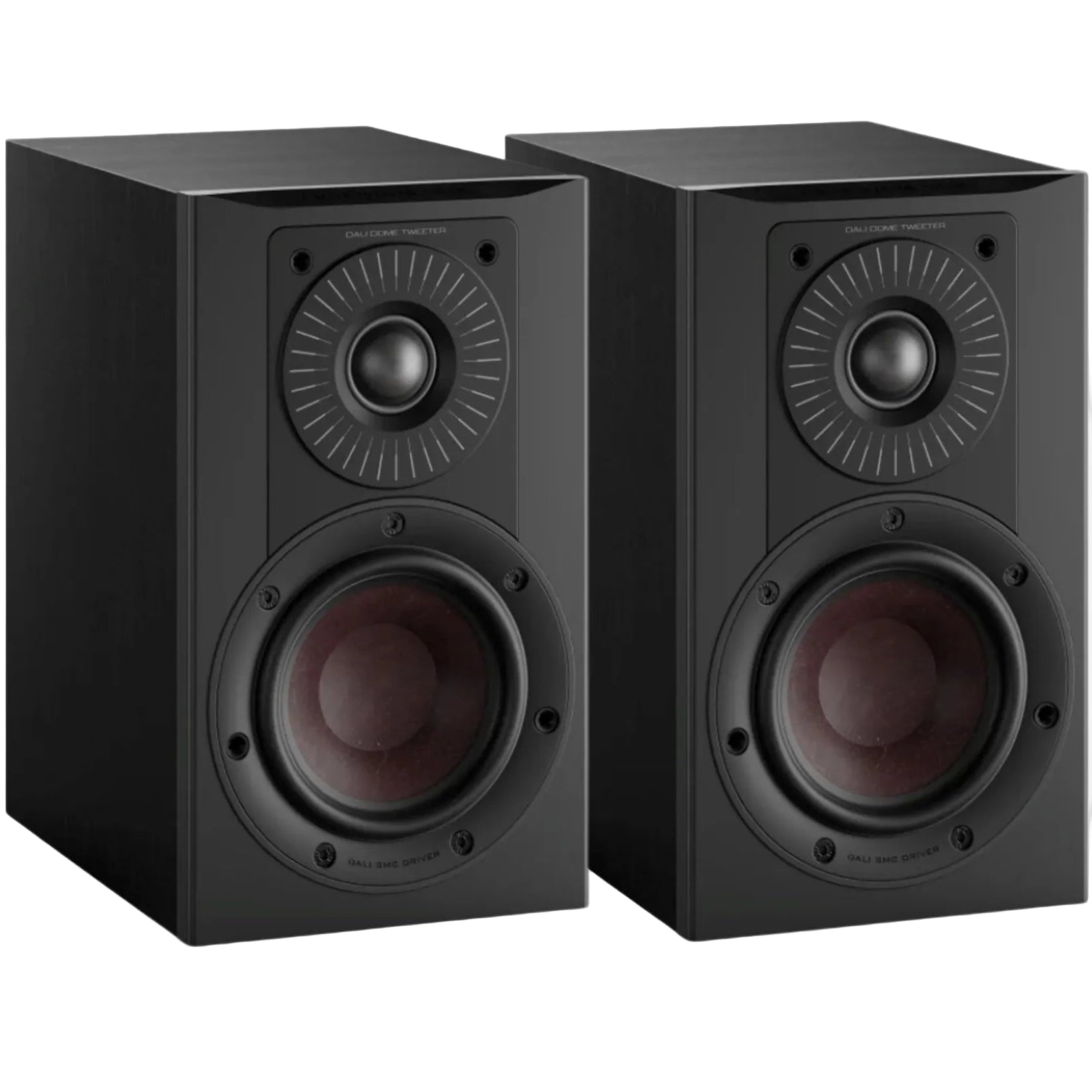Pair of DALI Opticon 1 MK2 passive bookshelf speakers in black, showcasing their sleek design and compact size.