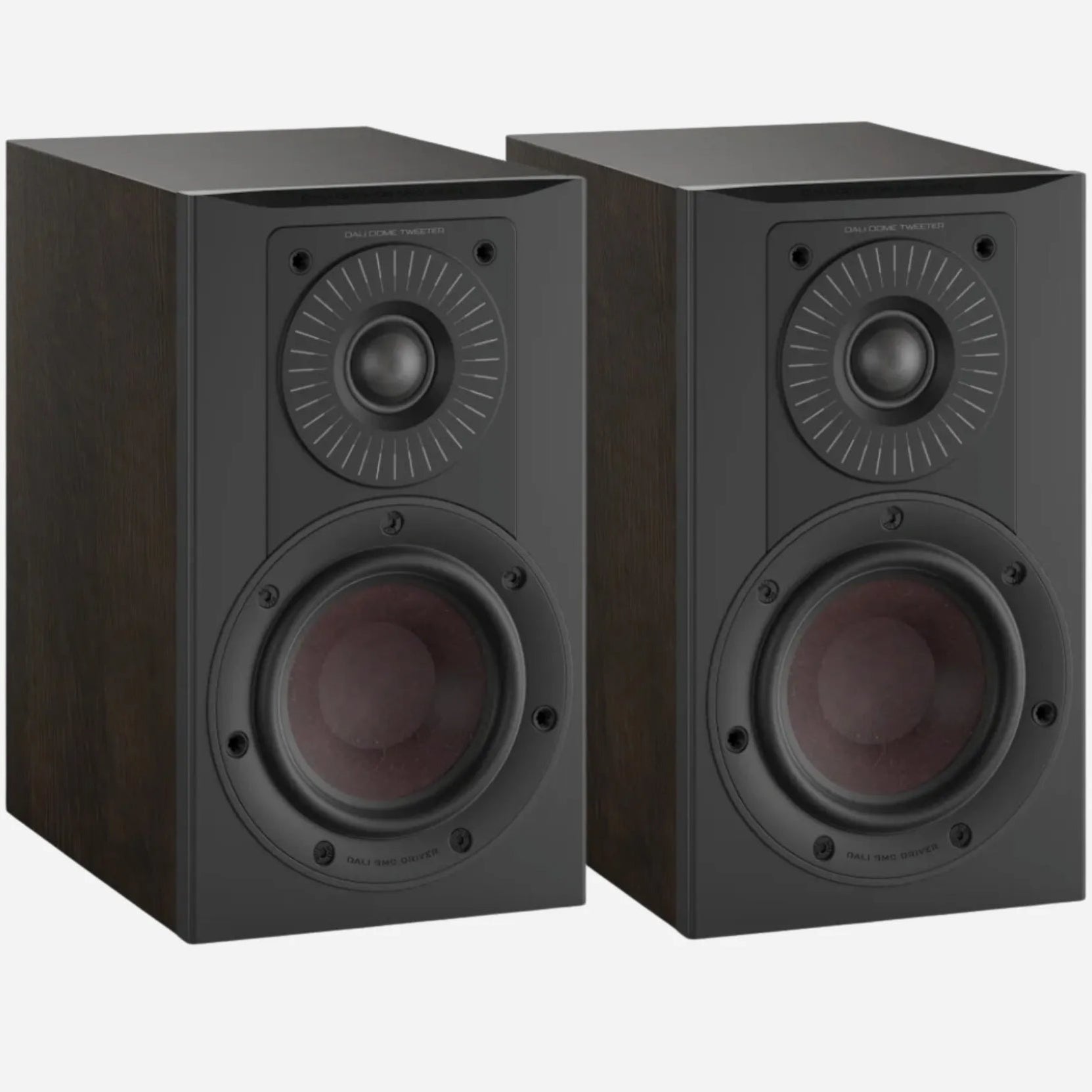 Pair of DALI Opticon 1 MK2 passive bookshelf speakers in tobacco oak finish, showcasing their sleek design and wood grain texture.