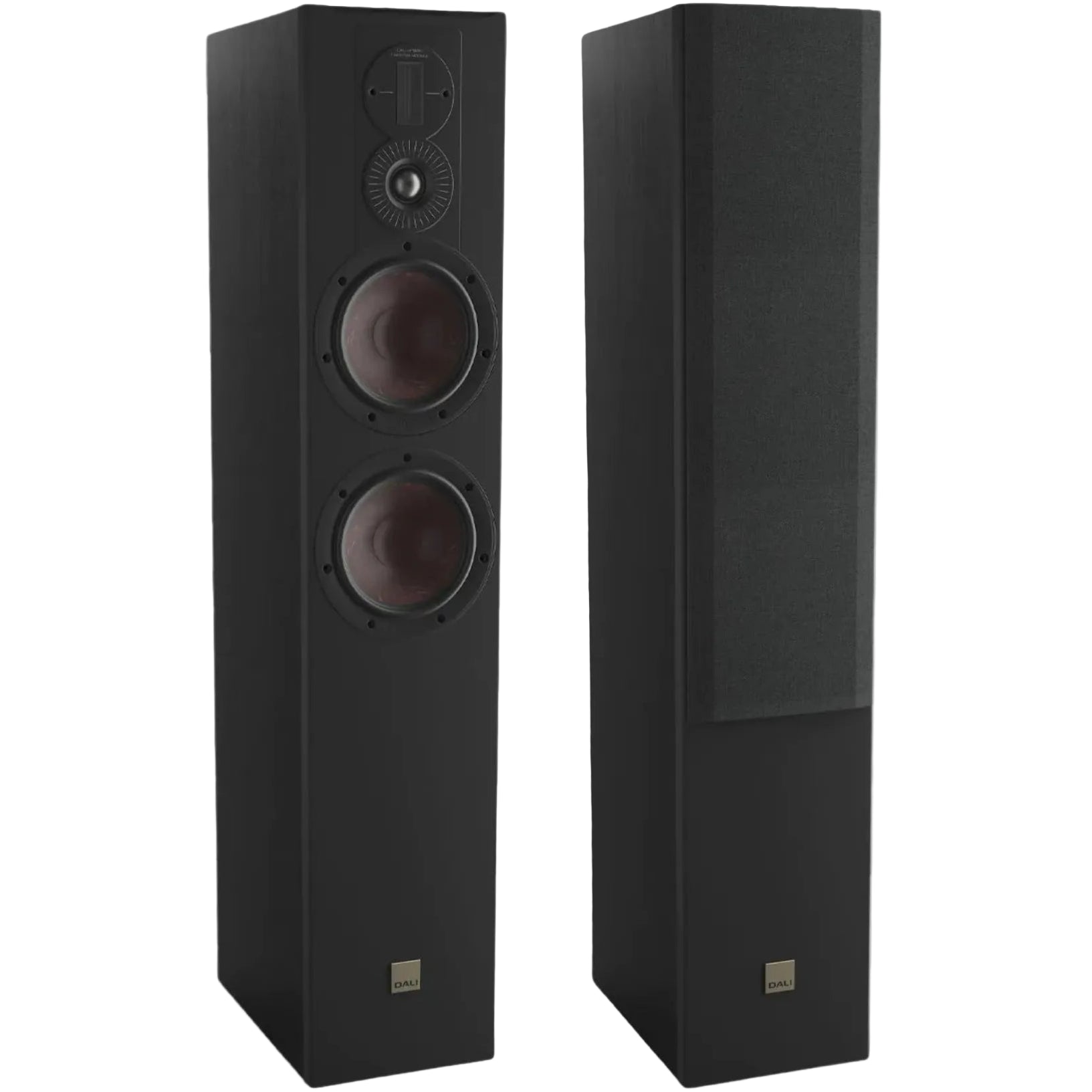Pair of DALI Opticon 6 MK2 passive floorstanding speakers in black, showcasing their sleek design and robust build.