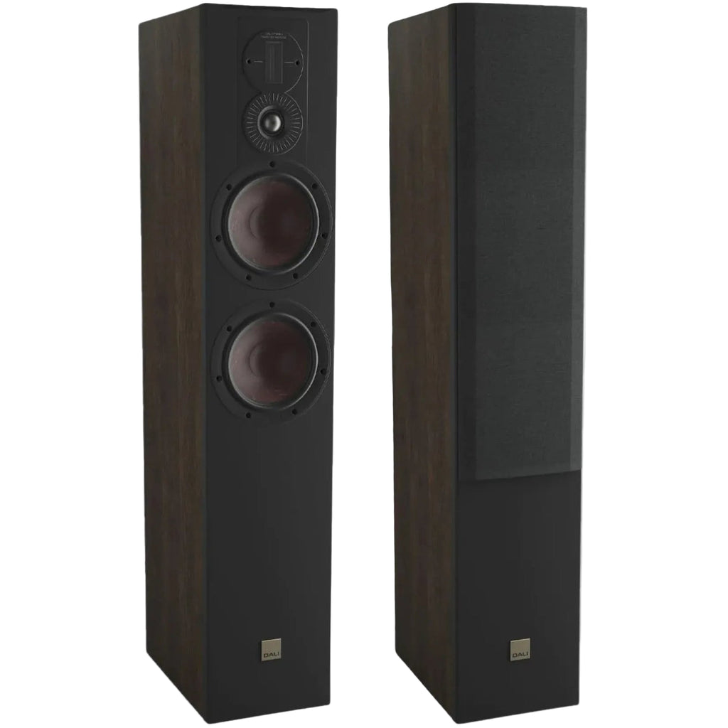 Pair of DALI Opticon 6 MK2 passive floorstanding speakers in tobacco oak finish, showcasing sleek design and wood grain texture.