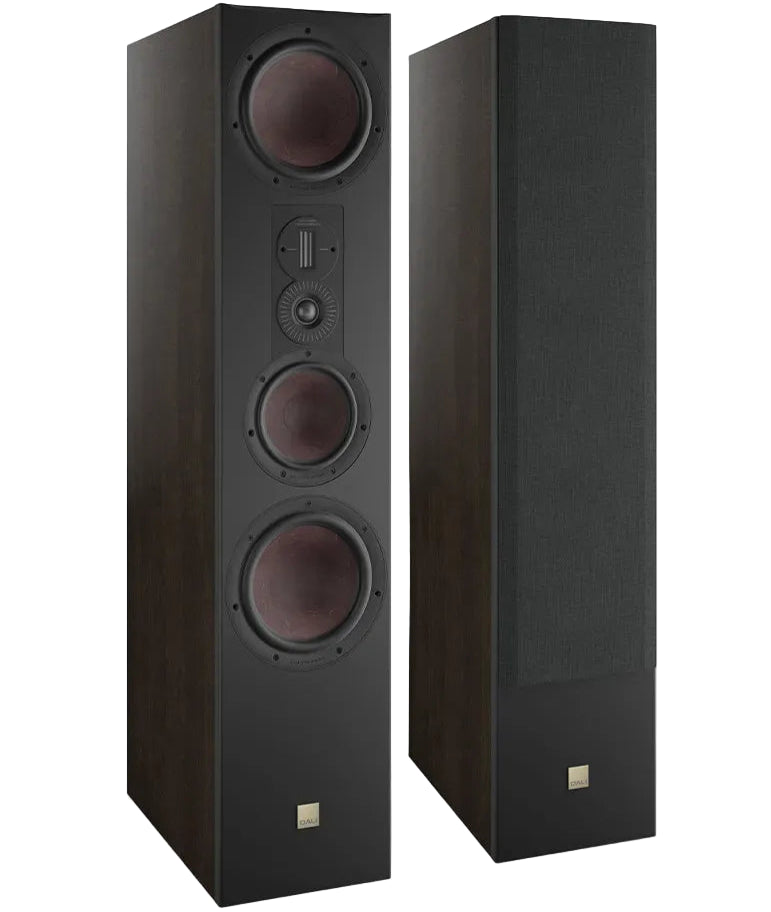 DALI Opticon 8 MK2 passive floorstanding speakers with sleek black finish and large speaker drivers for high-quality sound.