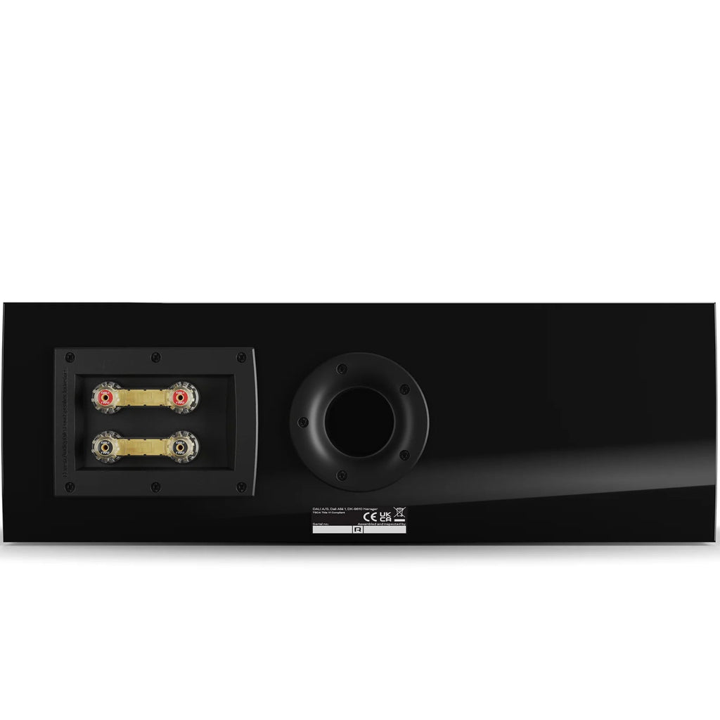 DALI Rubikore Cinema center speaker in high-gloss black with sleek design and front grille, ideal for home theater audio systems.