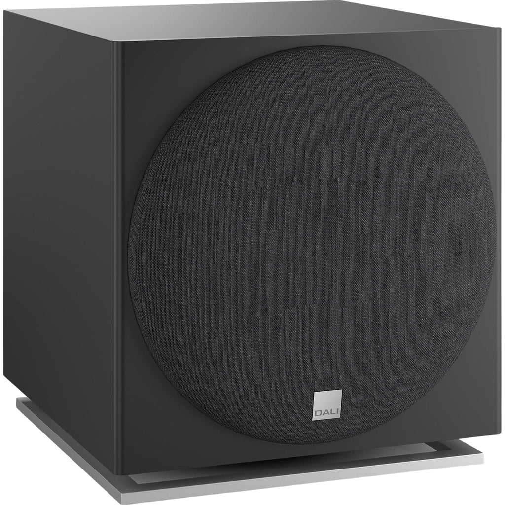 DALI Sub E-12 F subwoofer with sleek black enclosure and driver, designed for deep bass in home audio systems.