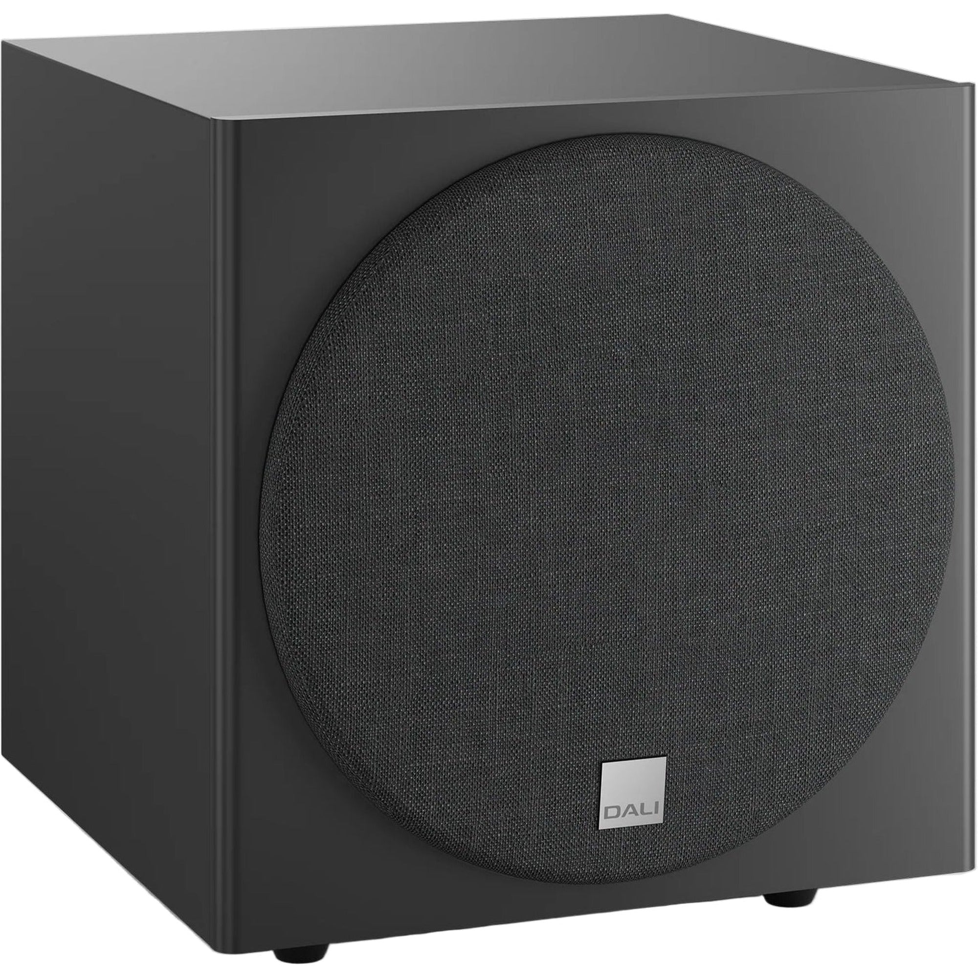 DALI Sub E-9 F subwoofer with sleek black enclosure and front-firing driver for deep bass in home audio systems.
