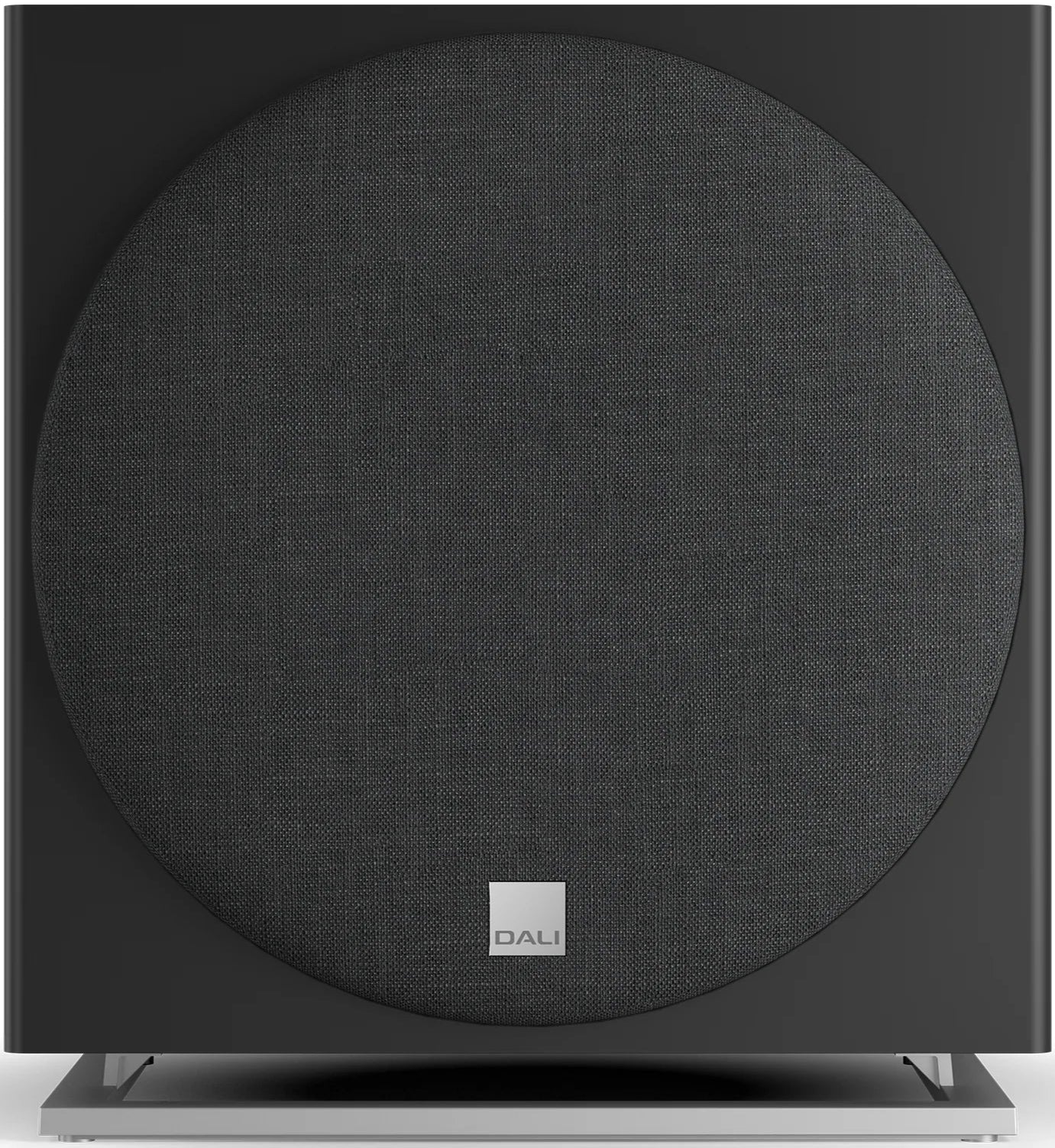 DALI Sub E-12 F black satin subwoofer showcasing its sleek design and compact size for home theater audio systems.