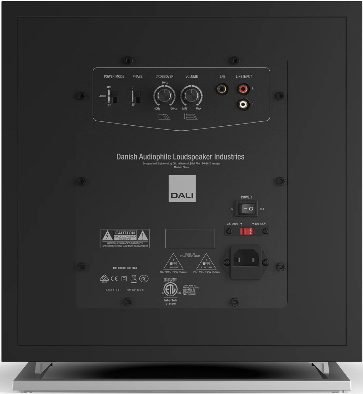 Black satin DALI Dali Sub E-12 F subwoofer with sleek design and sturdy build, showcasing its front speaker grille and control panel.