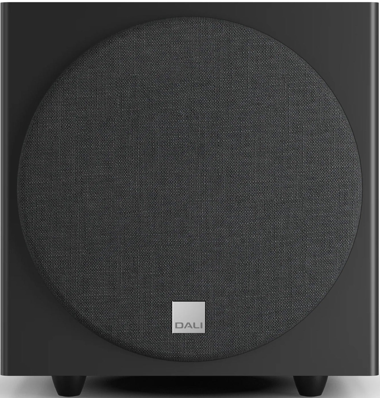 DALI Sub E-9 F black satin subwoofer showing sleek design and front grille for immersive home theater sound.