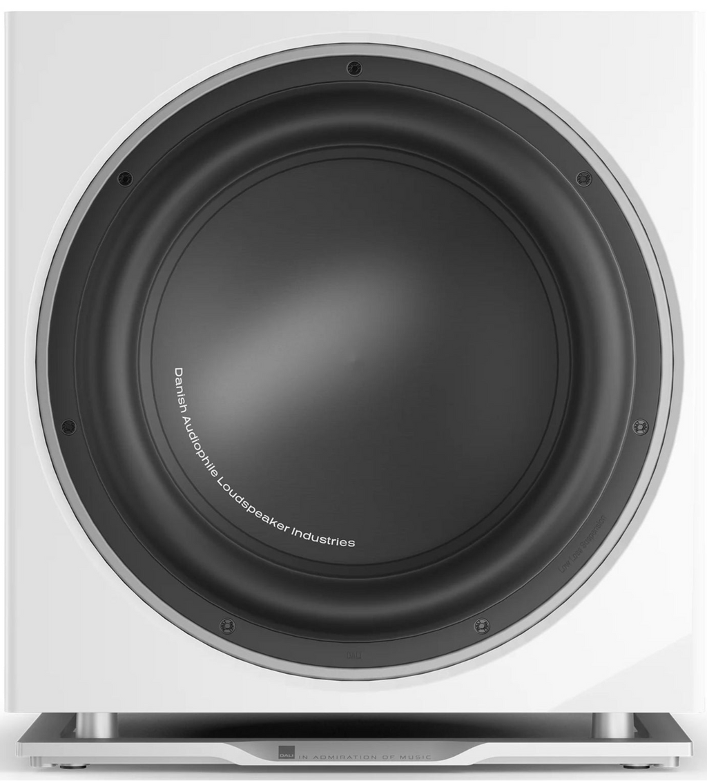 DALI Sub K-14 F subwoofer in white satin finish, showcasing its sleek design and compact size for home audio systems.