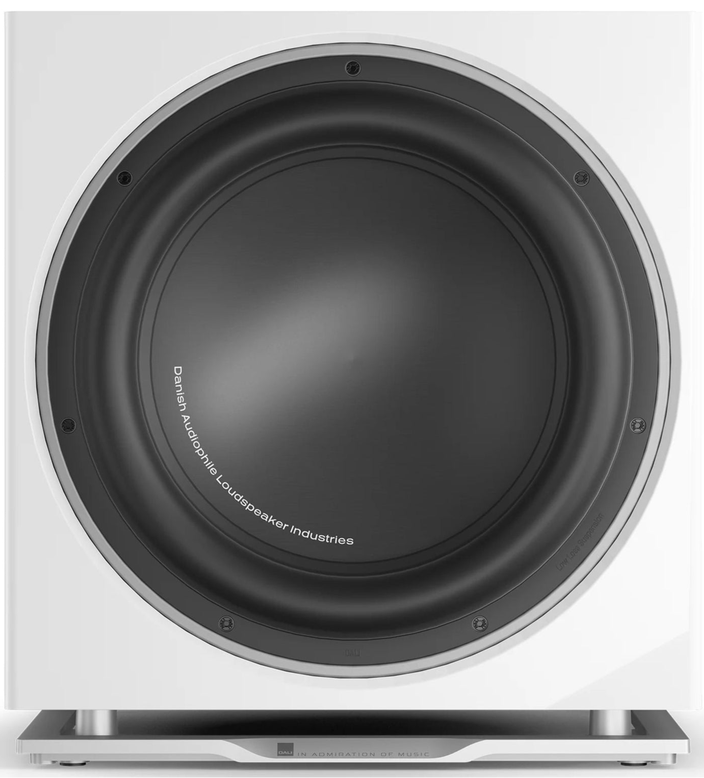 DALI Sub K-14 F subwoofer in white satin finish, showcasing its sleek design and compact size for home audio systems.