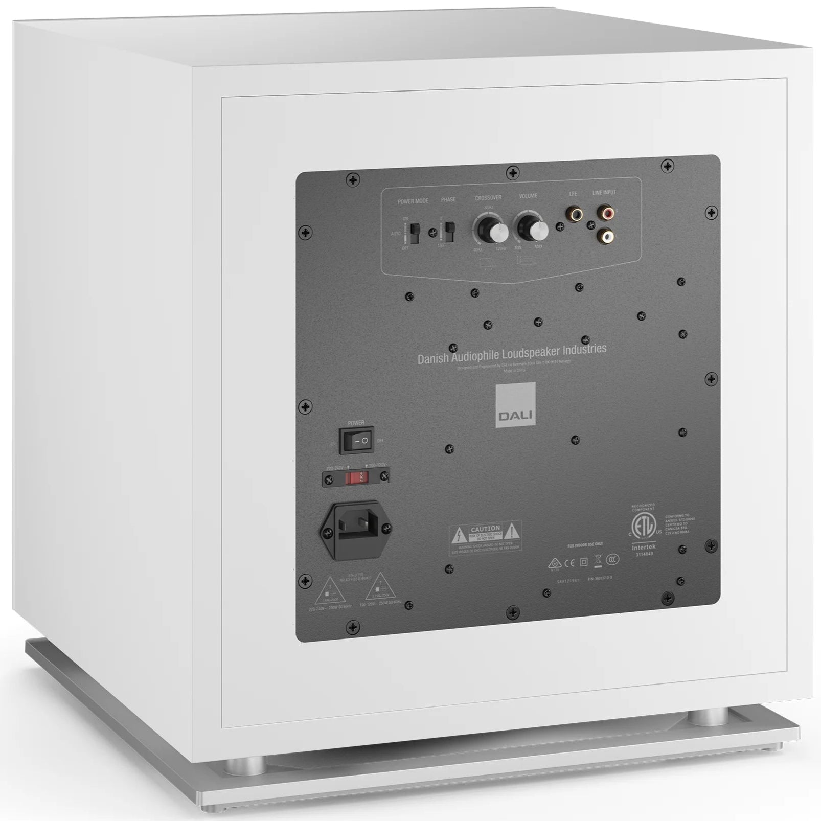 DALI Sub K-14 F white satin subwoofer with sleek design and durable enclosure, showcasing its powerful audio and modern finish.