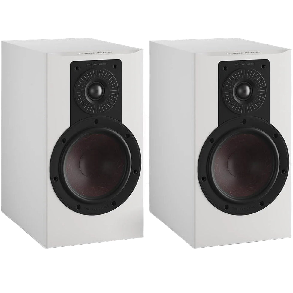 DALI Opticon 2 MK2 passive bookshelf speakers with white finish, showcasing sleek design and compact size.