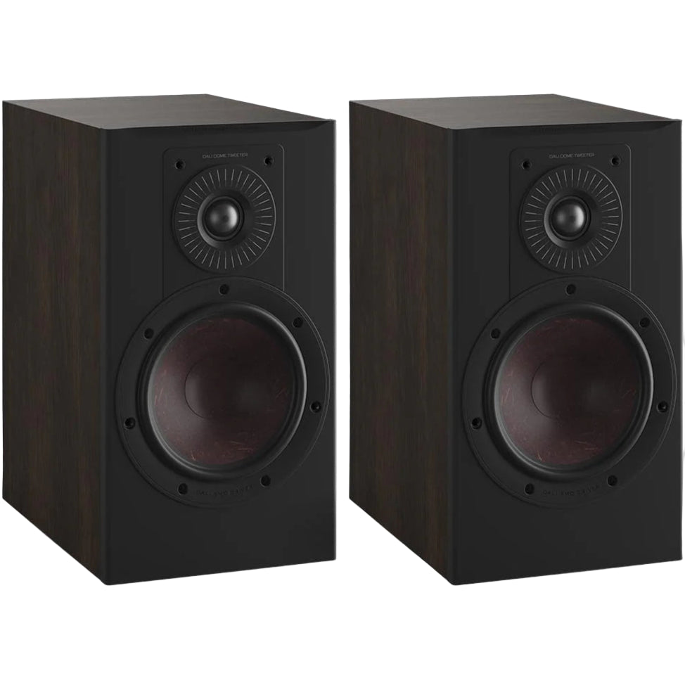 DALI Opticon 2 MK2 passive bookshelf speakers with black finish, showcasing their sleek design and compact size.