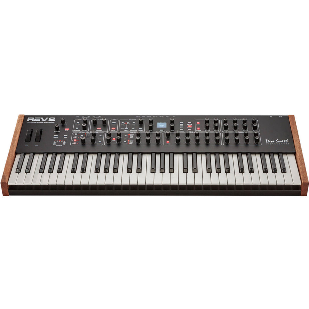 Sequential Prophet Rev2-16 synthesizer with 16-voice polyphony and multiple knobs, shown in a close-up view.