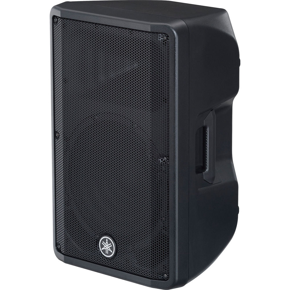 Yamaha DBR12 PA speaker showing a black, compact speaker with handles and control panel on top, designed for professional sound systems.