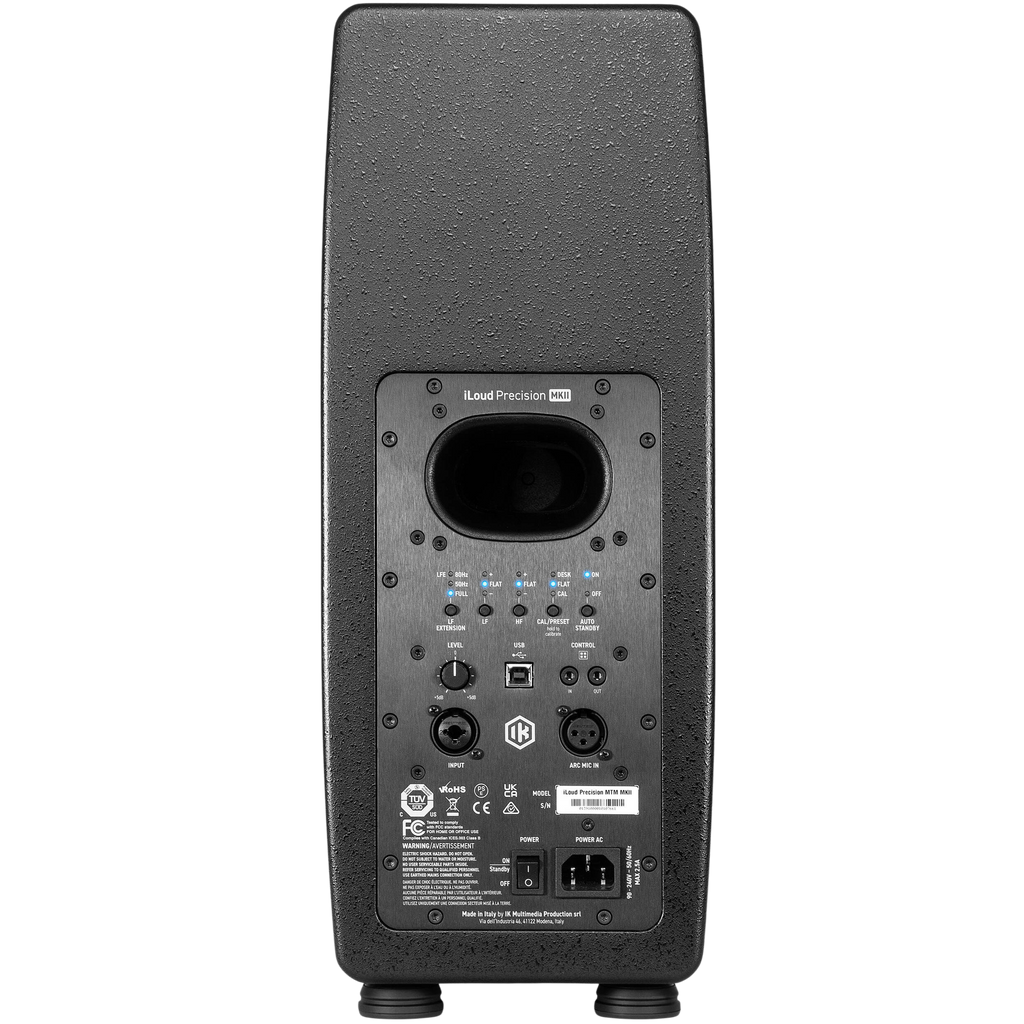 IK Multimedia iLoud Precision MTM MK2 active nearfield monitors showing black and silver speaker units with control knobs and branding.