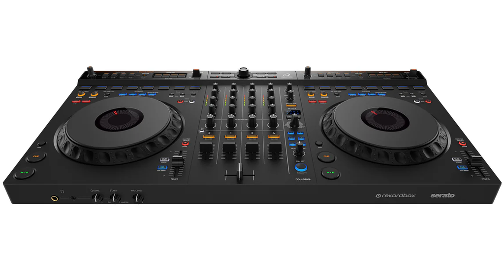 AlphaTheta DDJ-GRV6 DJ controller with jog wheels, mixer controls, and performance pads for professional DJ setups.