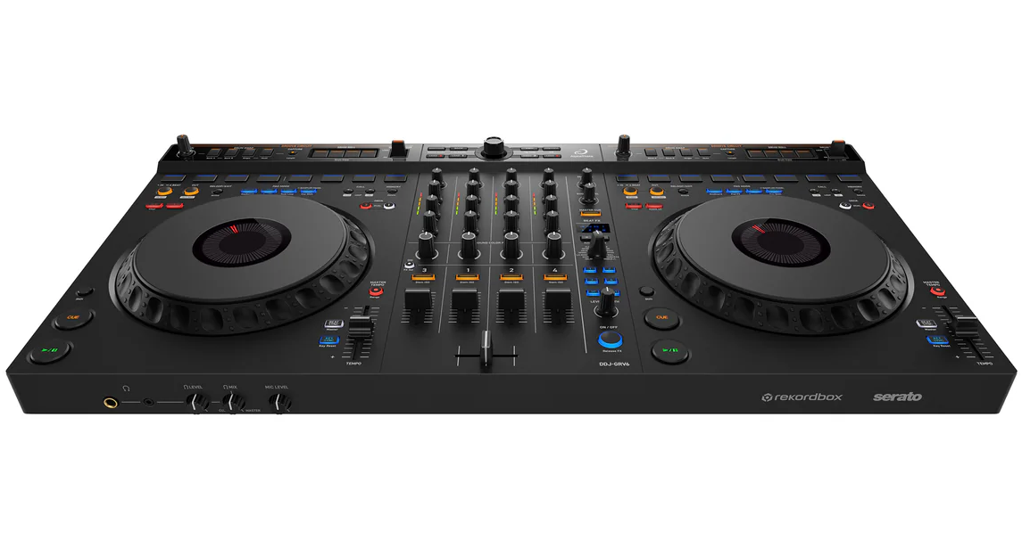AlphaTheta DDJ-GRV6 DJ controller with jog wheels, mixer controls, and performance pads for professional DJ setups.