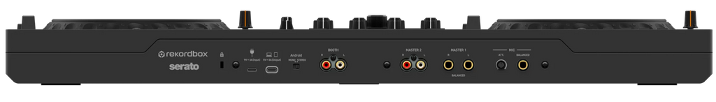 AlphaTheta DDJ-GRV6 DJ controller shown from rear angle with multiple input and output ports on a sleek black design.