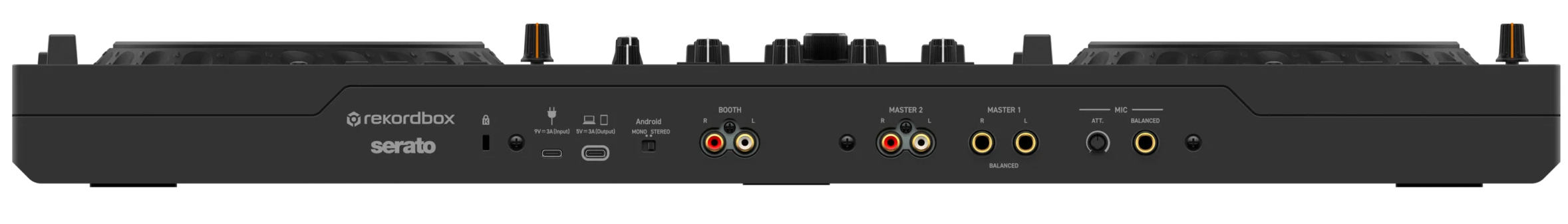AlphaTheta DDJ-GRV6 DJ controller shown from rear angle with multiple input and output ports on a sleek black design.